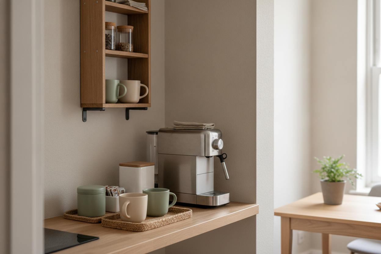 Compact organized coffee bar in a small kitchen
