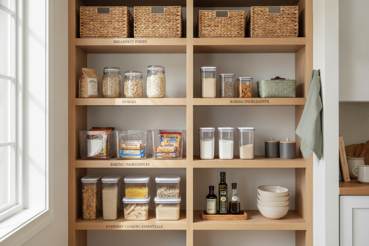 Beautiful organized pantry divided into practical zones