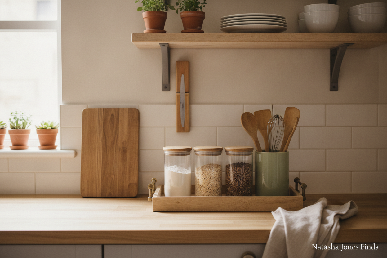 Calm organized small kitchen countertop