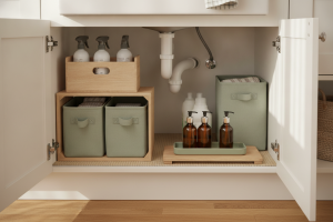 Practical organized storage under a kitchen sink