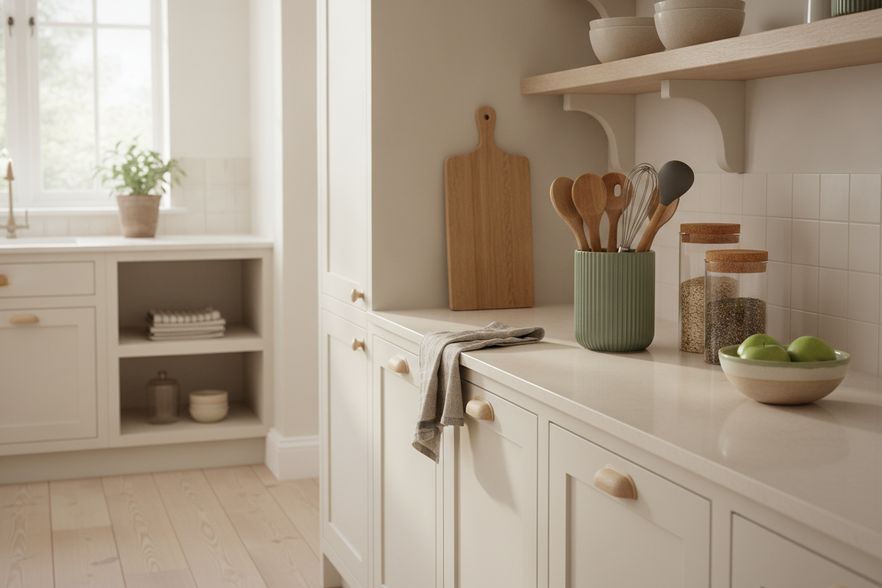 Bright organized kitchen with practical everyday essentials
